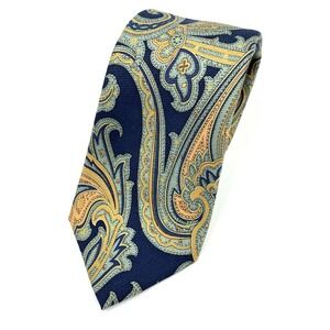 Peter Millar 7-Fold Blue Gold Paisley 100%‎ Silk Tie 60" x 3.5"